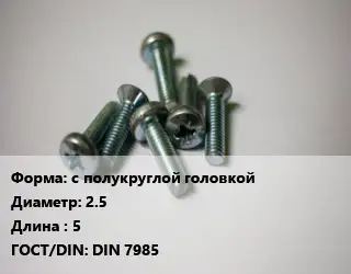 Винт с полукруглой головкой 2.5х5 DIN 7985